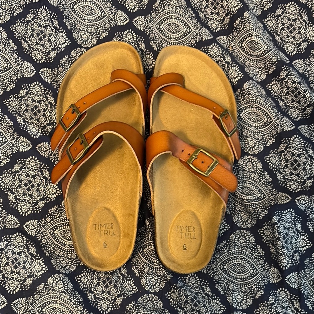 Time and Tru Tan Double Strap Sandals